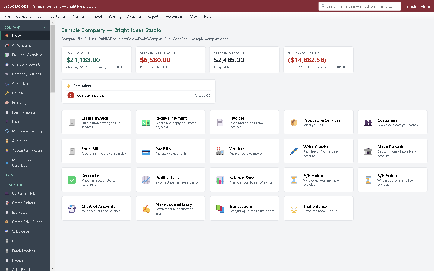The AcboBooks home screen