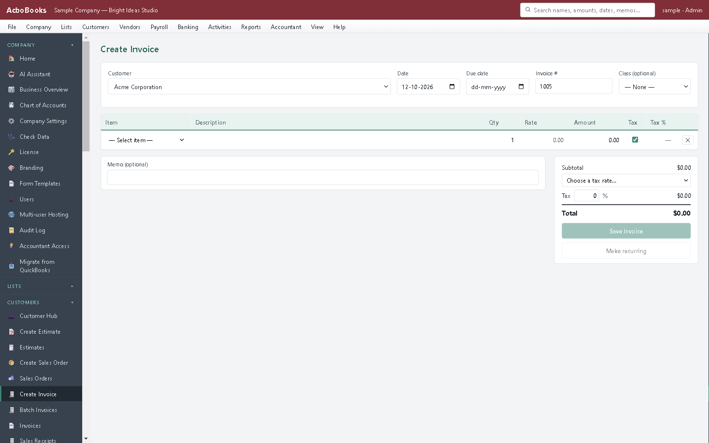 Creating an invoice in AcboBooks