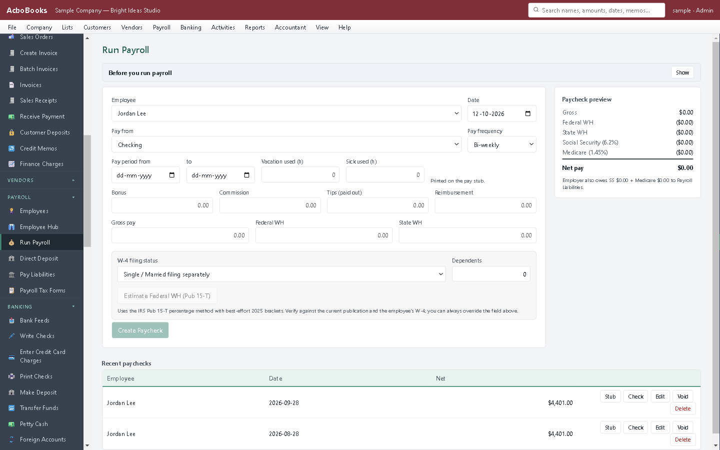 Running payroll in AcboBooks