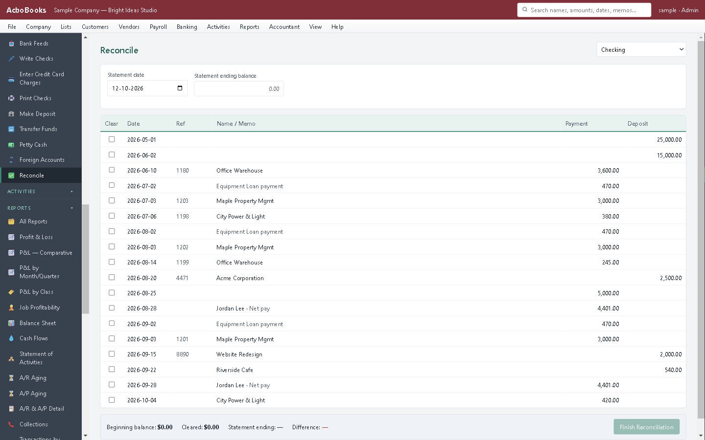 Bank reconciliation in AcboBooks