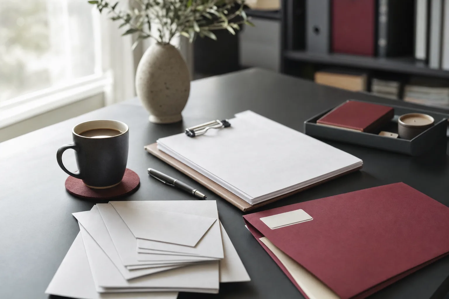 Blank forms on a clipboard beside plain envelopes and a maroon folder on a desk