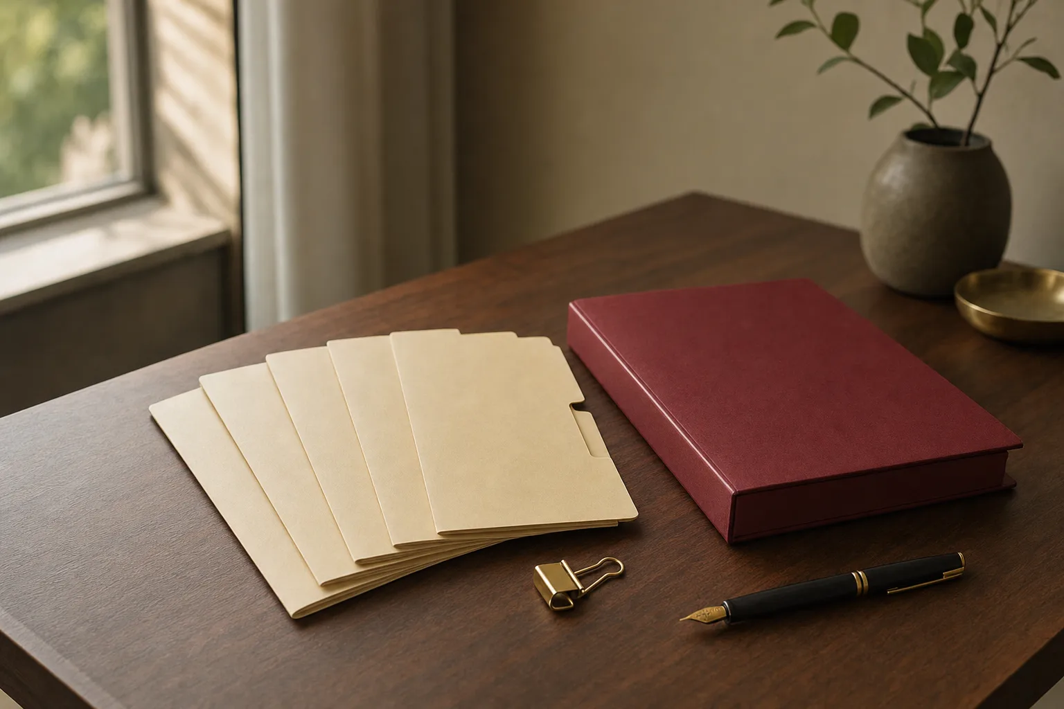 Four small quarterly folders and one larger annual folder on a desk