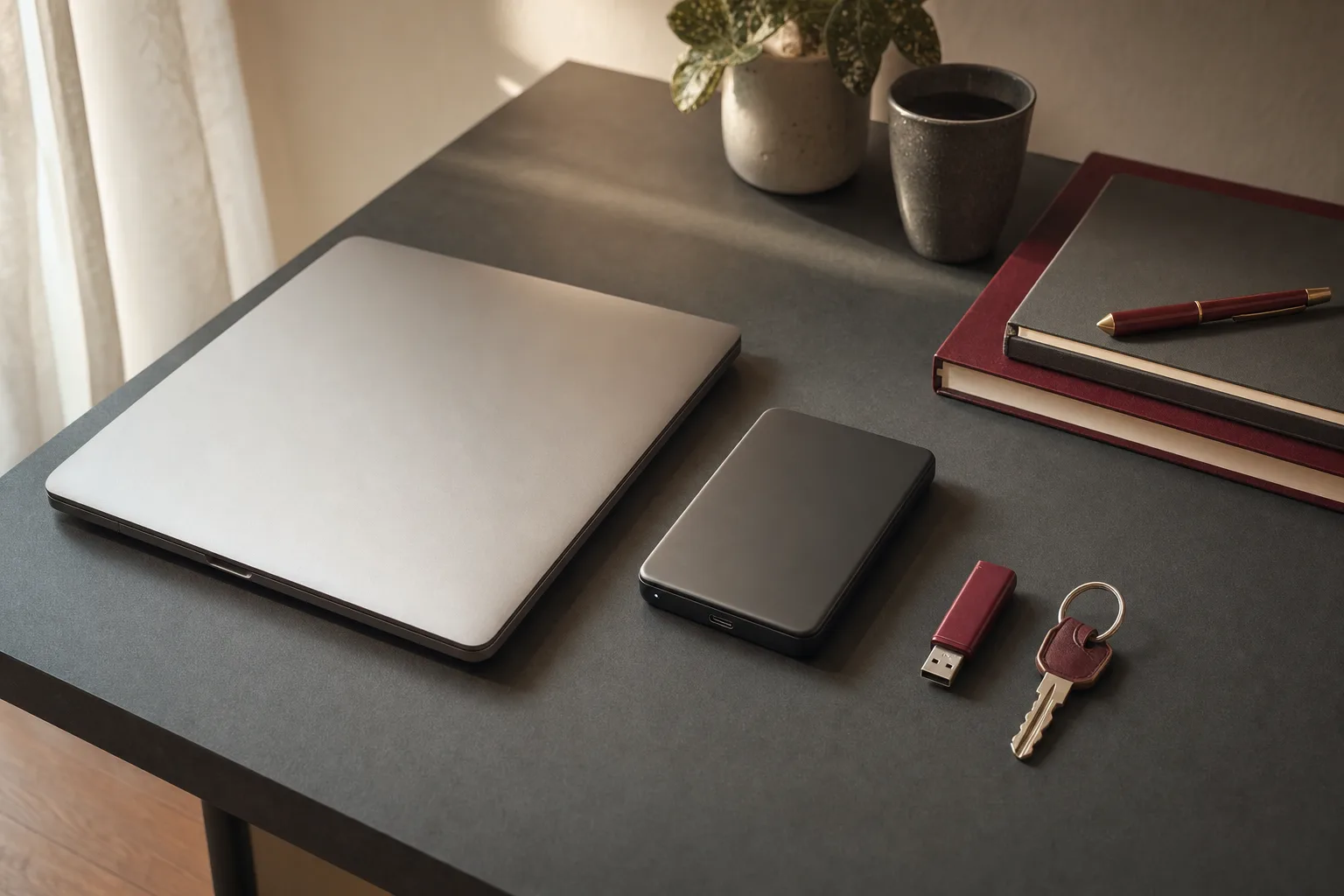 Three external drives of different kinds lined up on a desk