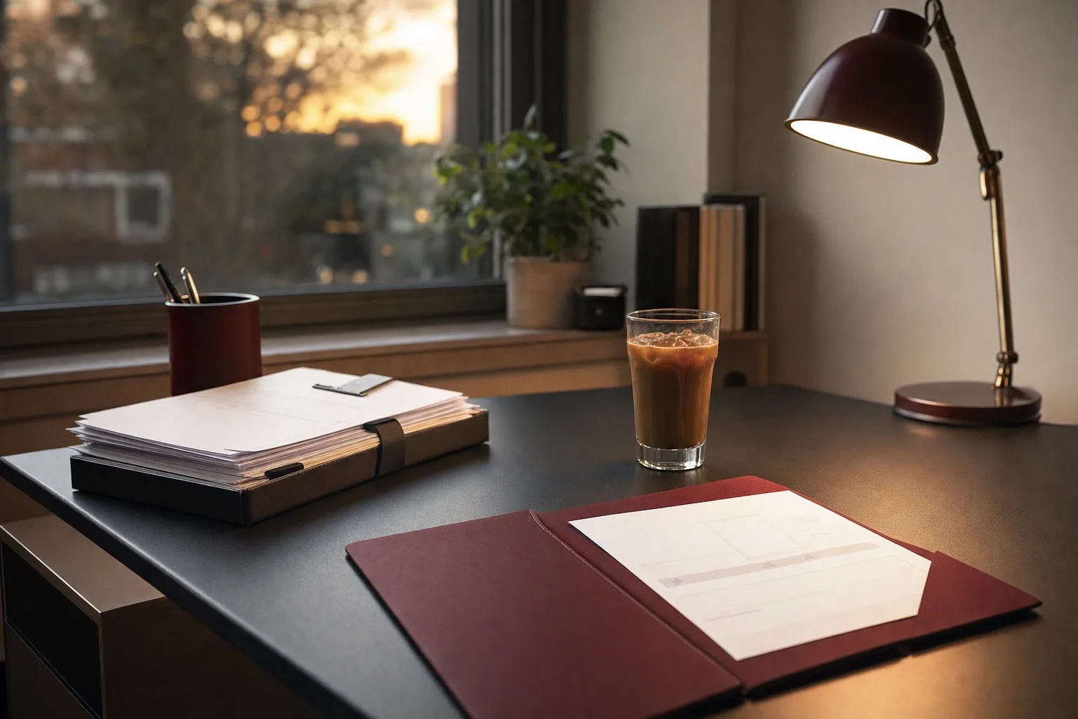 An unpaid invoice folder set aside on a desk at dusk