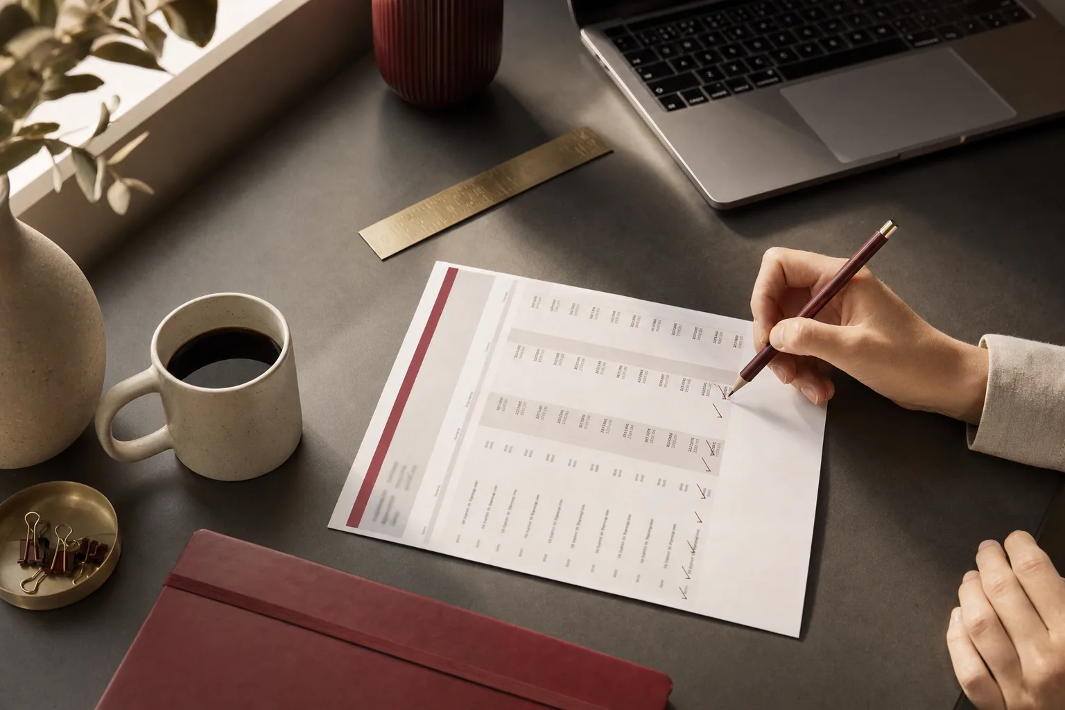 A bank statement being ticked off beside a laptop