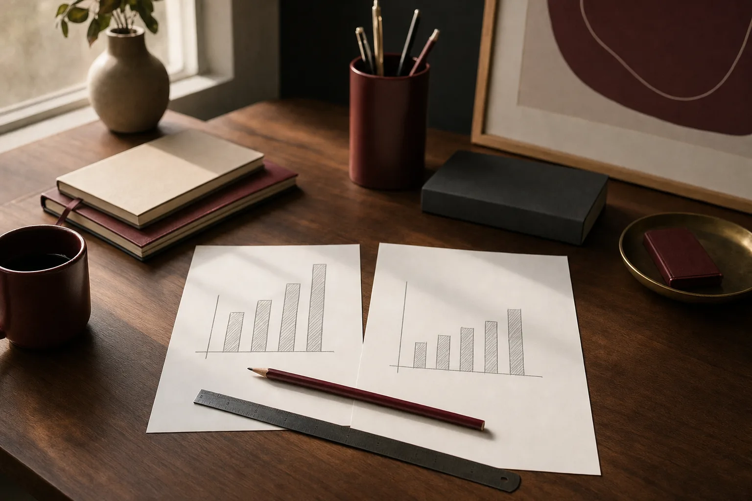 Two sheets with simple hand-drawn bar charts side by side on a desk with a maroon pencil