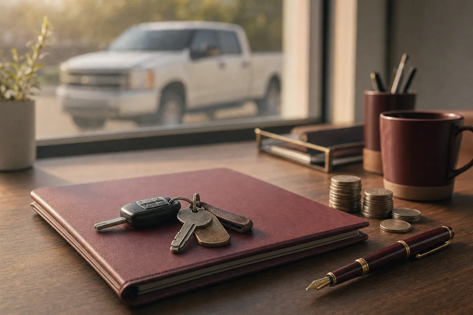 Keys to a work truck resting on a signed loan folder