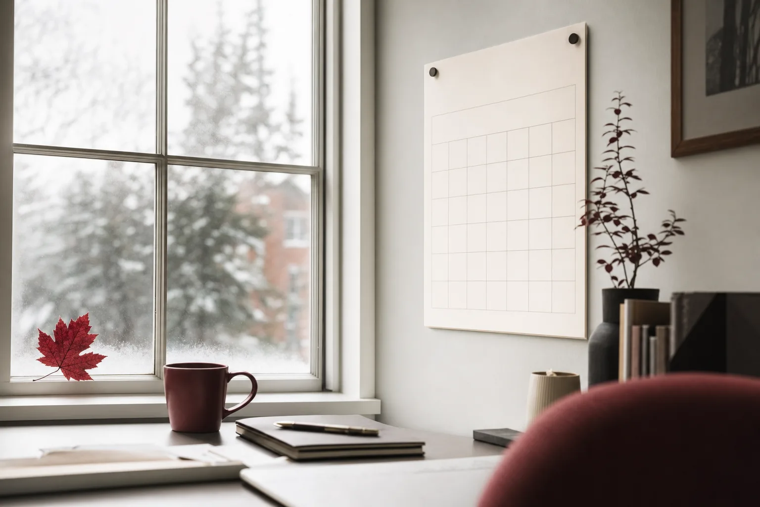 A wall planner beside a frosty window with a maple leaf on the sill