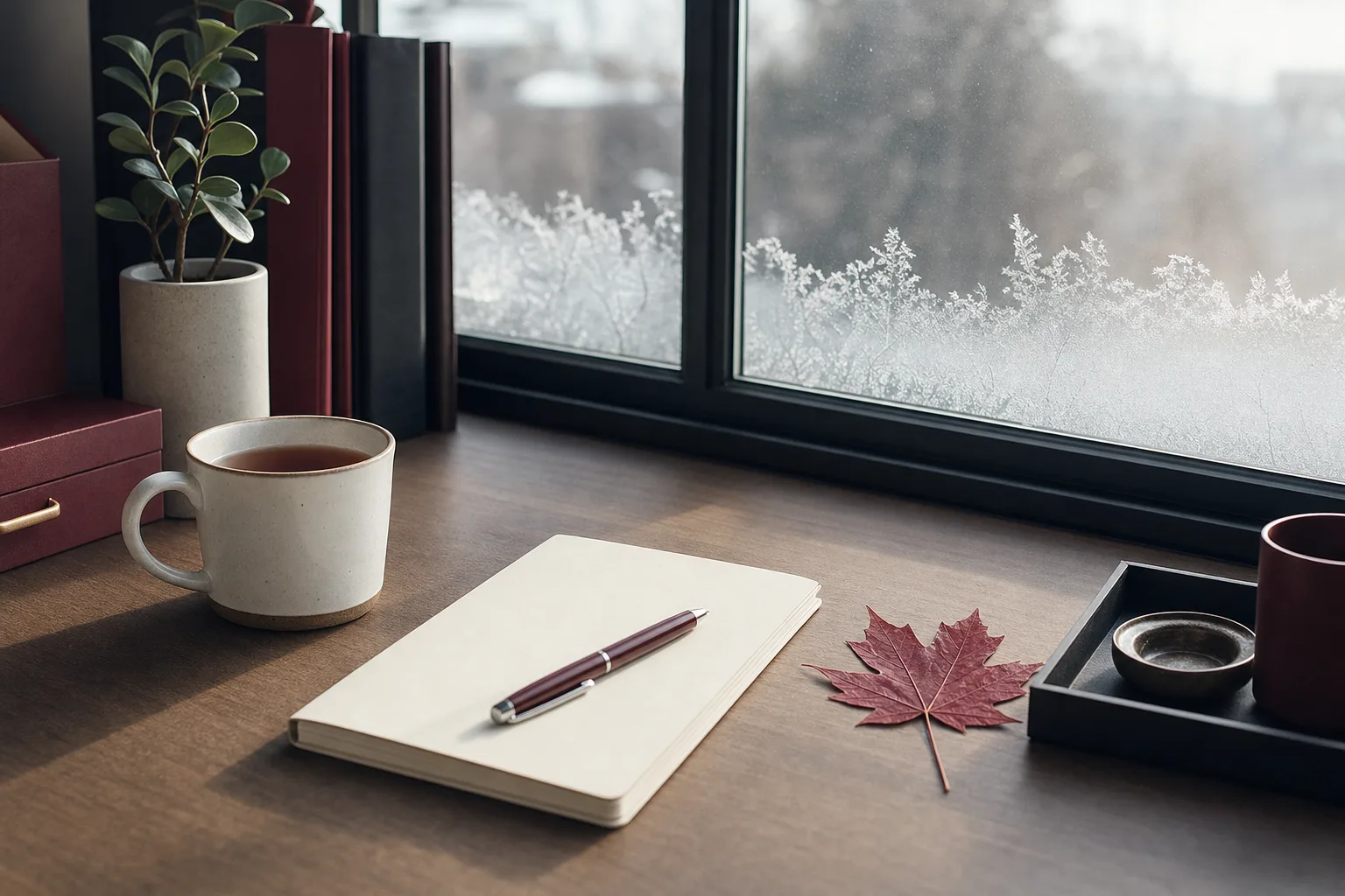 A notebook, a maroon pen and a maple leaf on a desk by a frosty window