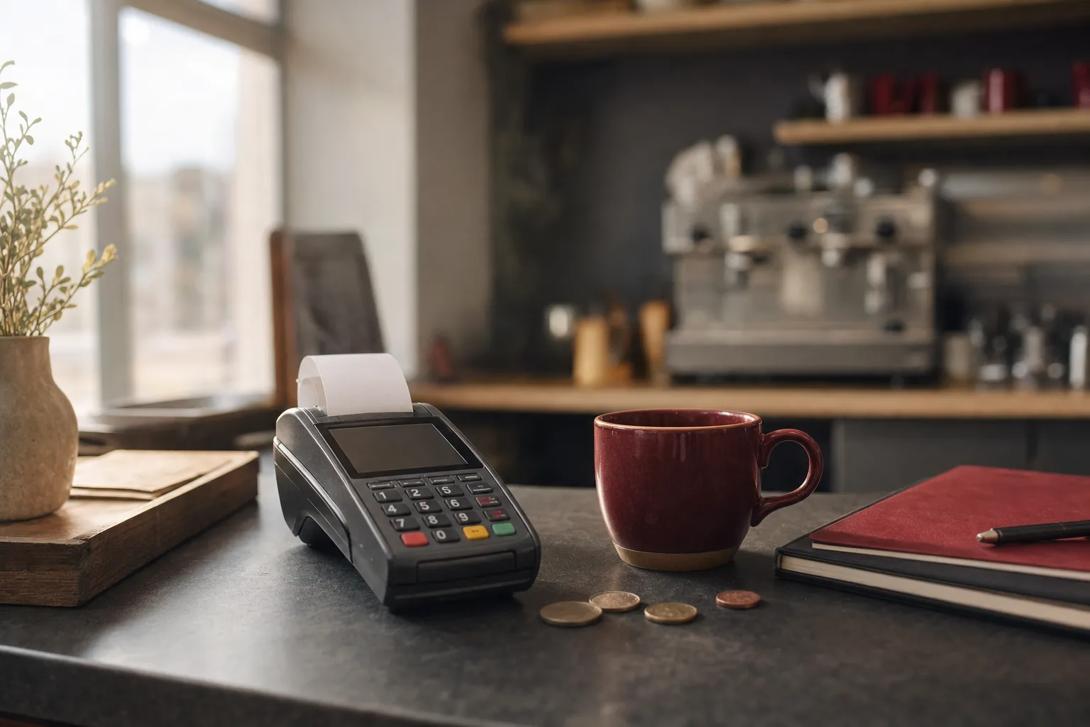 A card terminal with a receipt roll on a cafe counter