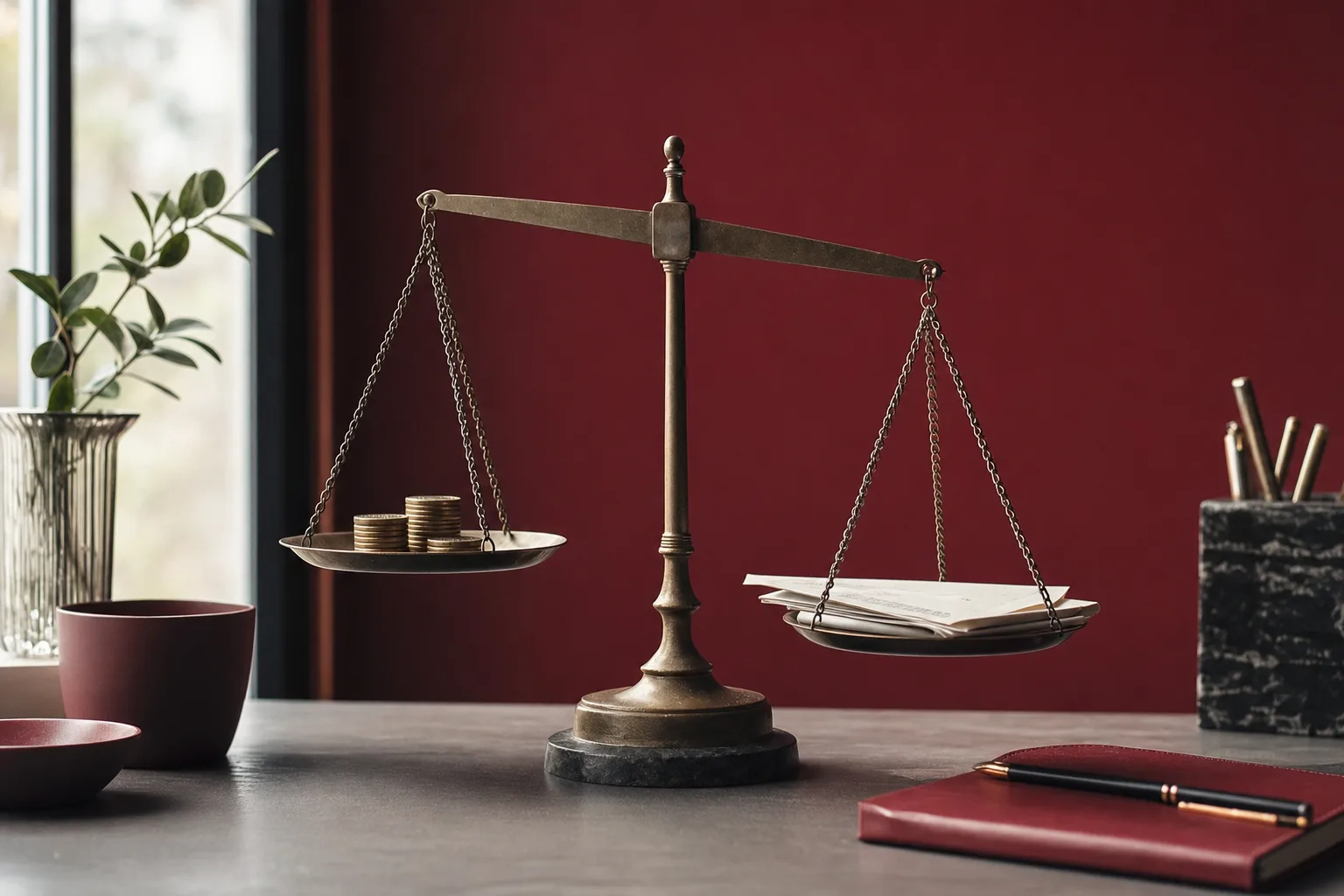 A balance scale with coins on one side and an invoice on the other