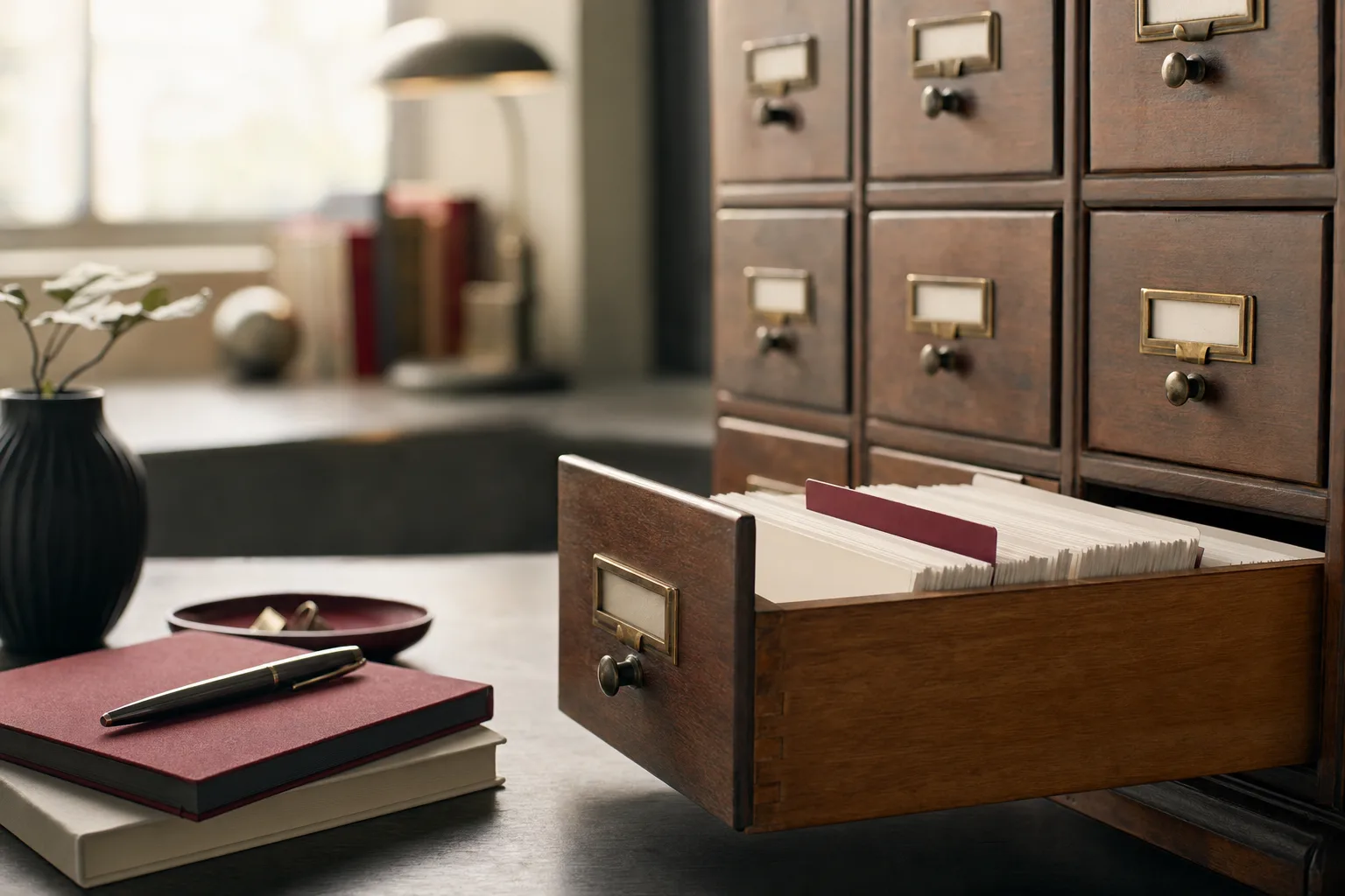 An open card catalogue drawer with neat index cards