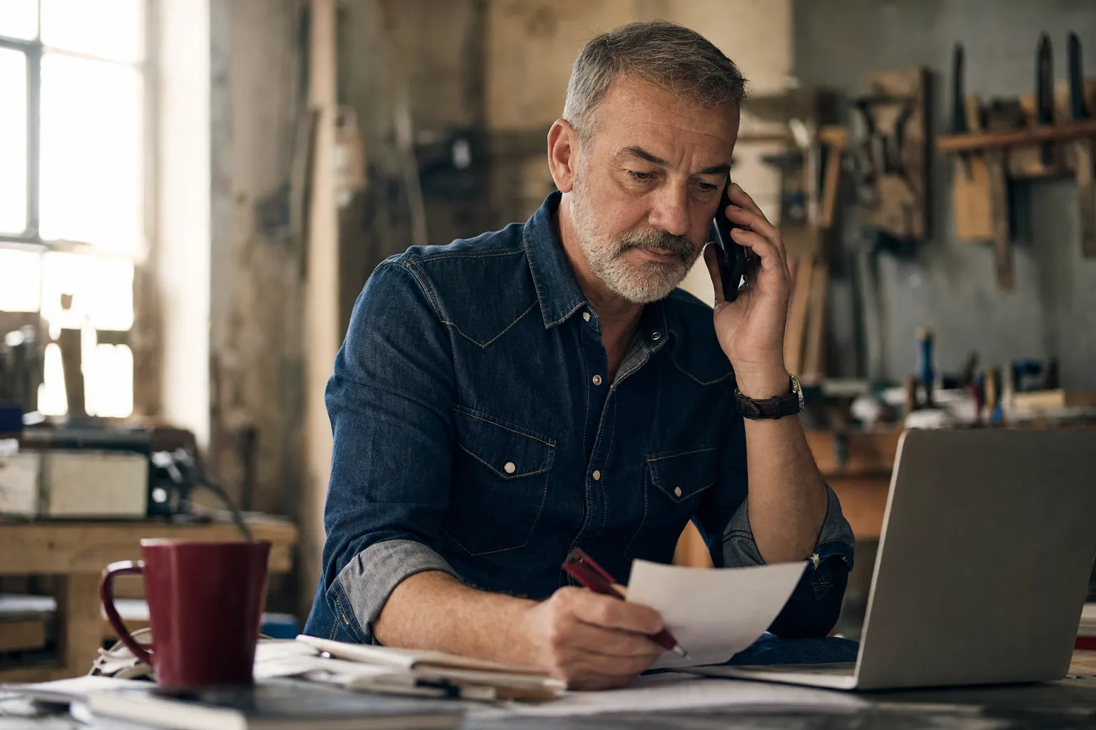 A workshop owner on a polite phone call with a printed list in hand