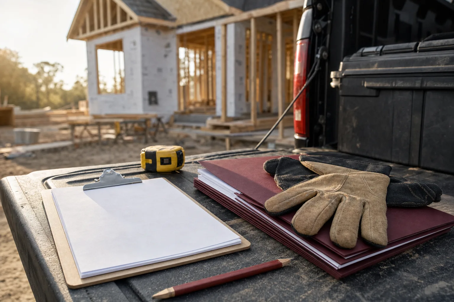A contractor's clipboard, tape measure and invoices on a job site tailgate