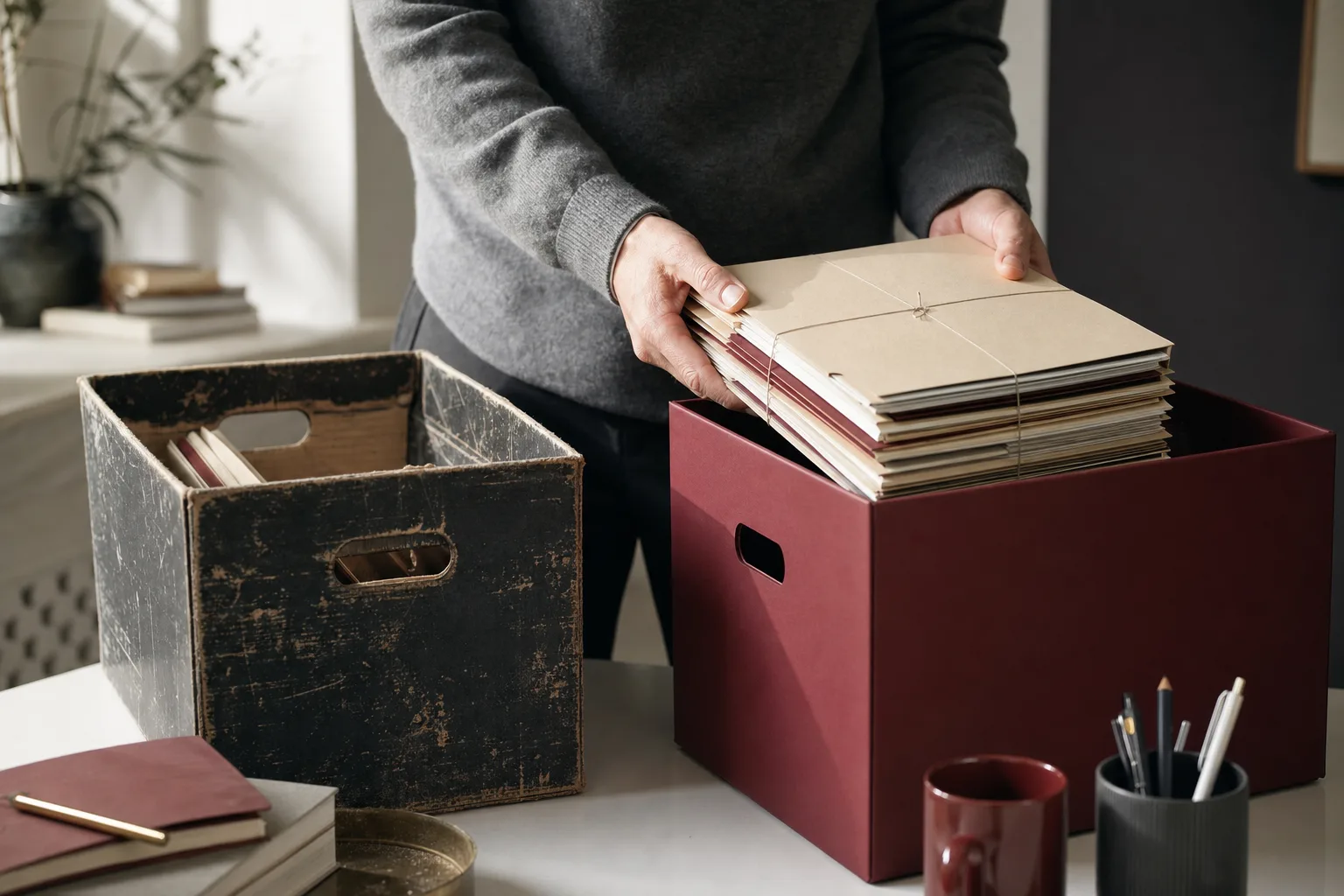 Folders being moved from one archive box into a new maroon box