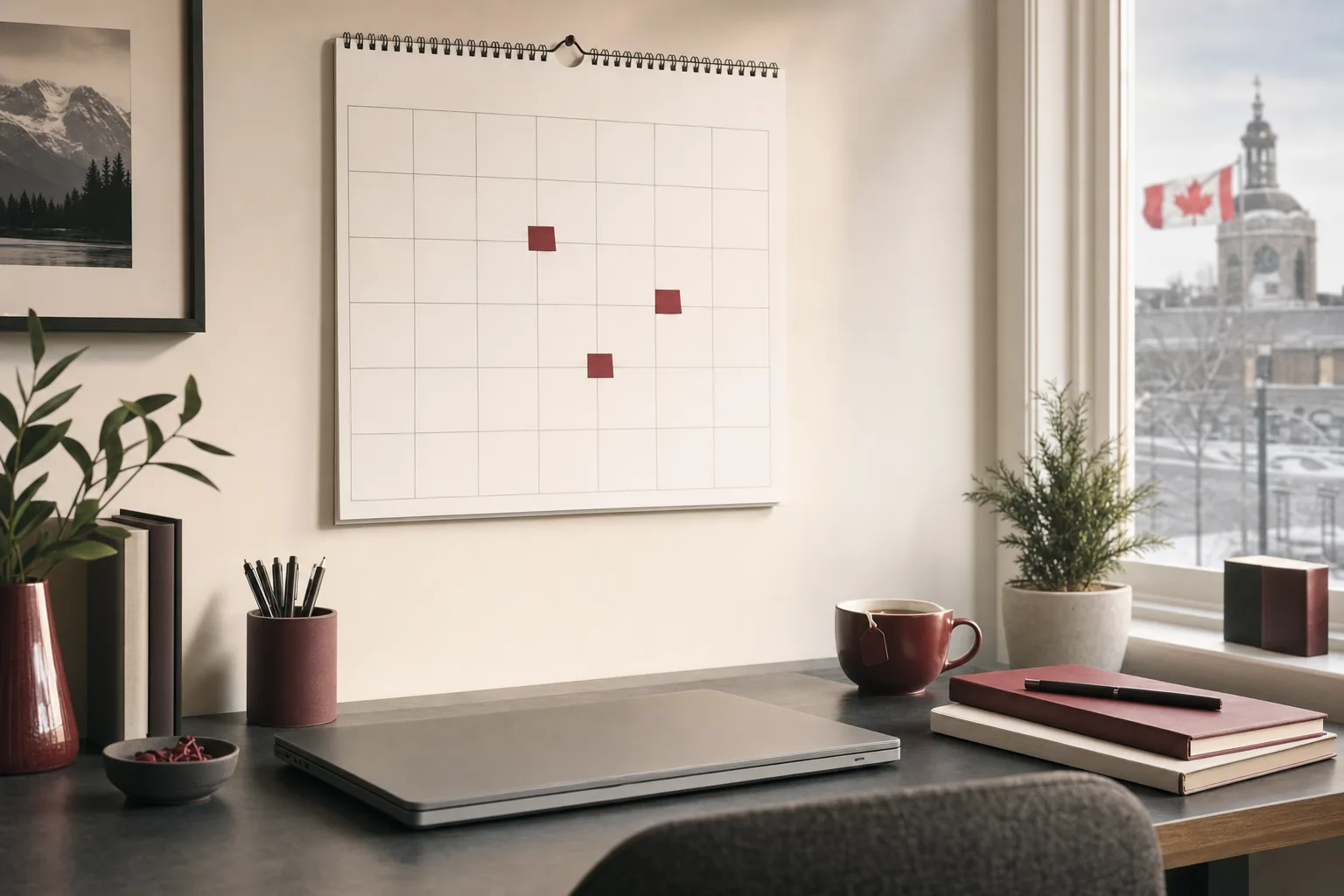 A wall calendar with three dates marked above a tidy office desk in winter
