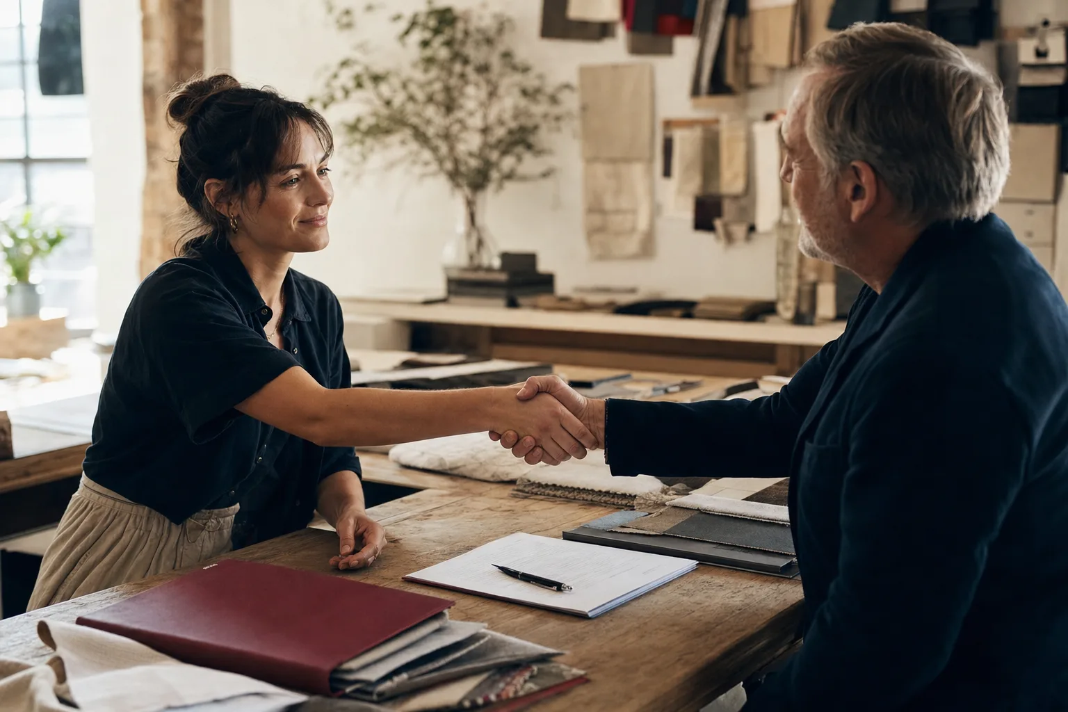 A designer and a client shaking hands across a studio table at the start of a project