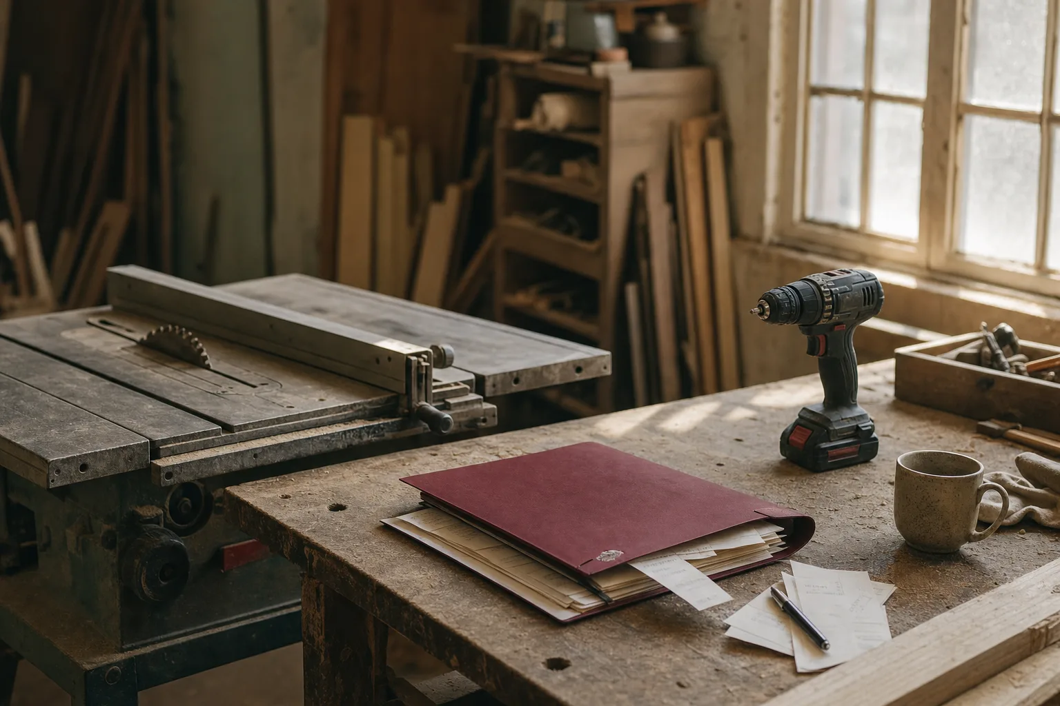 A workshop bench with an older table saw, a newer drill and a folder of receipts