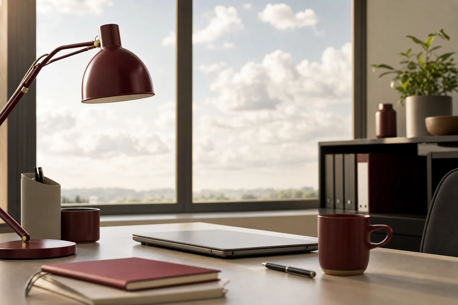 A desktop computer in an office beside a window with clouds outside