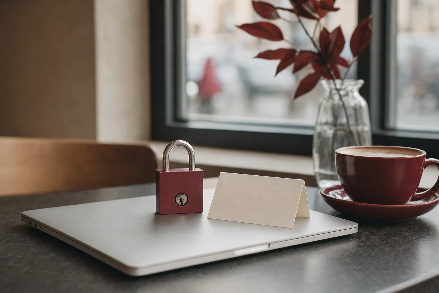 A laptop closed on a cafe table with a padlock resting on it