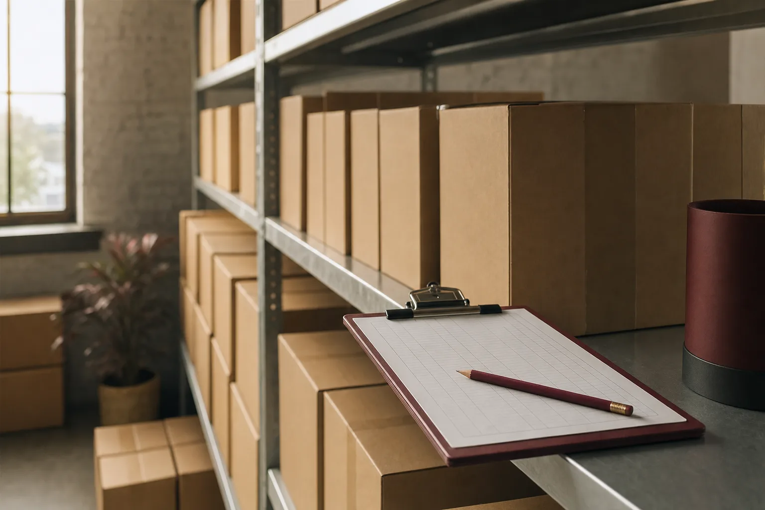 Neatly stacked boxes on stockroom shelves with a clipboard for a count
