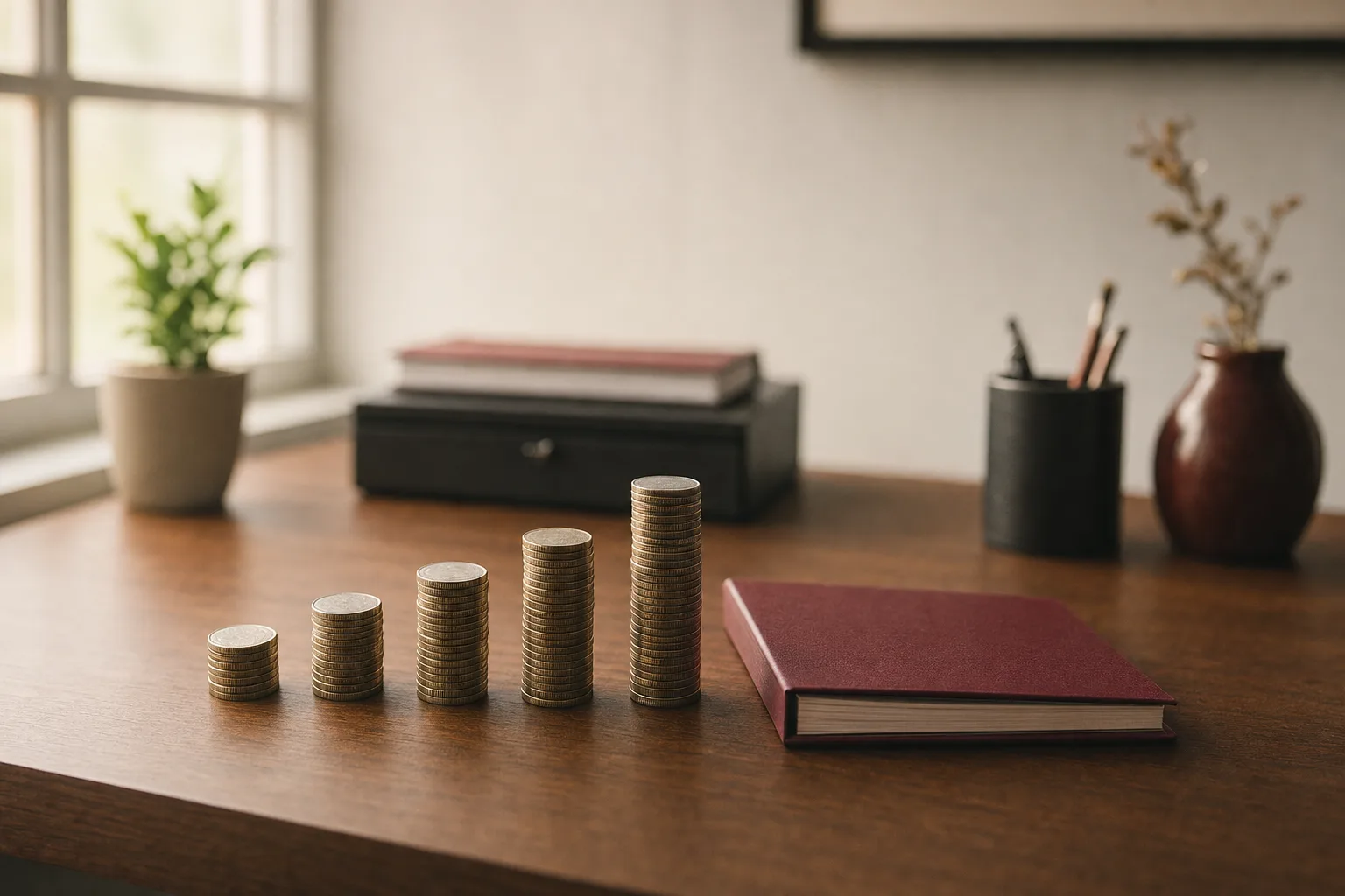 Five stacks of coins growing in height on a desk