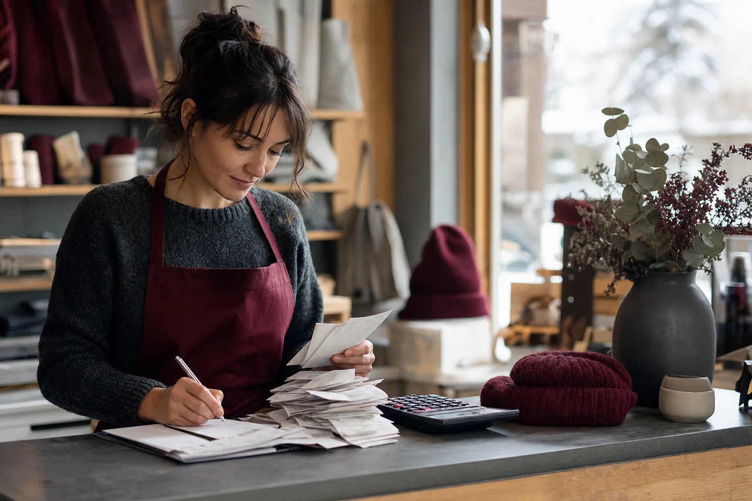 Receipts and a calculator on a Canadian shop counter in winter