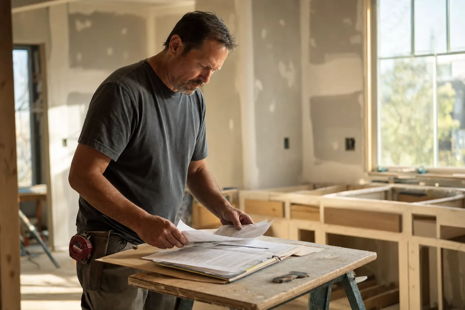 A contractor reviewing a job folder at a half-finished kitchen