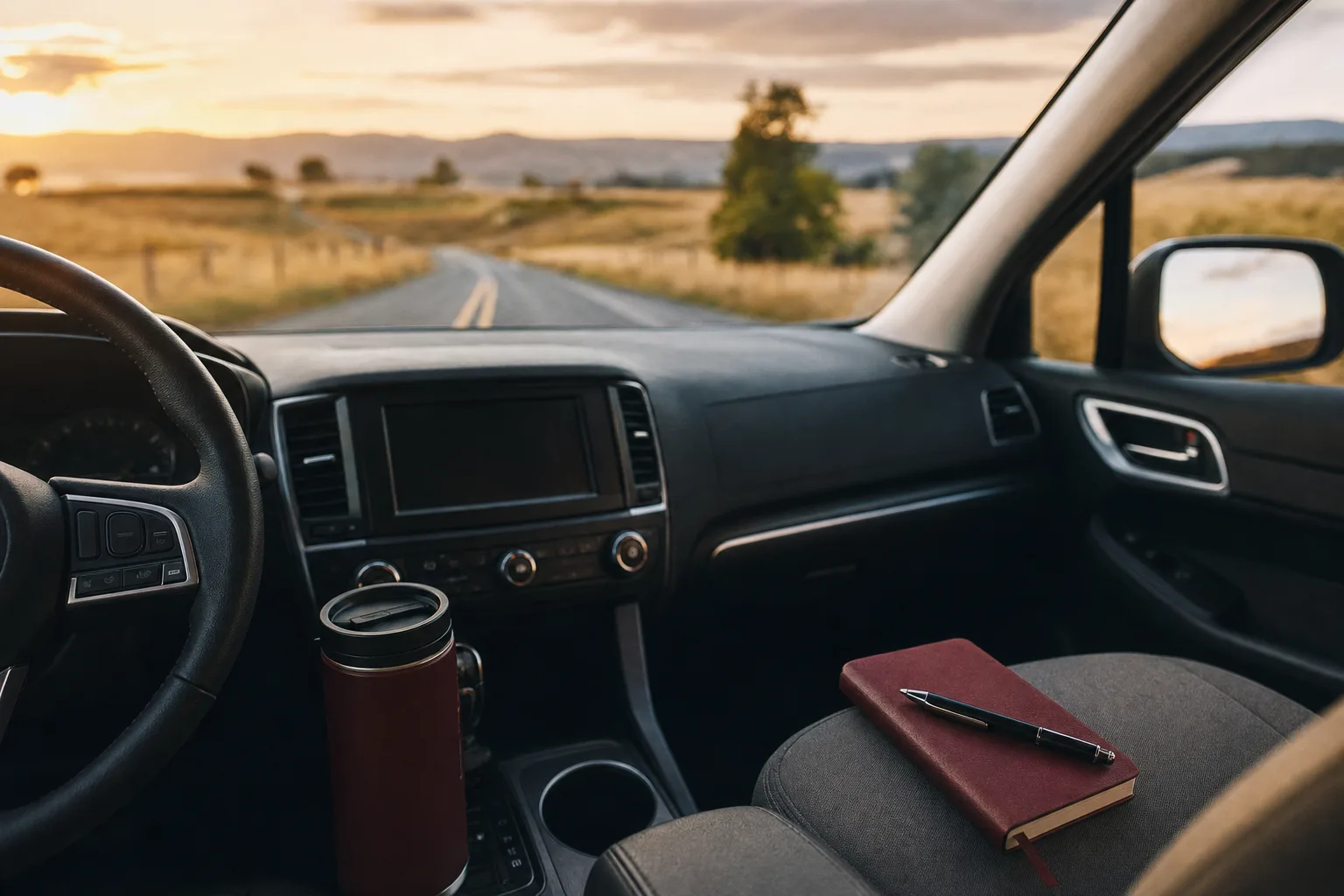 A small notebook and pen on a car's passenger seat with a country road ahead