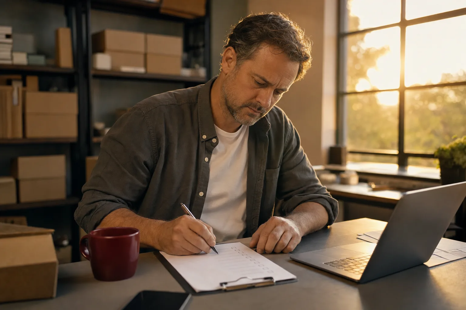 A business owner ticking items off a checklist at the end of the day