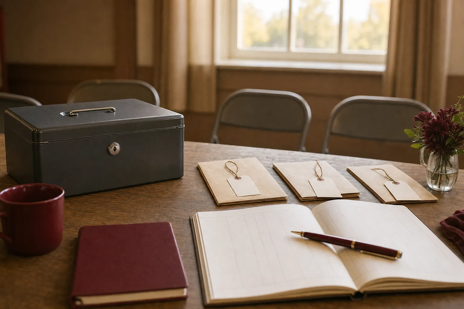 A community hall table with a cash box, labelled envelopes and a ledger