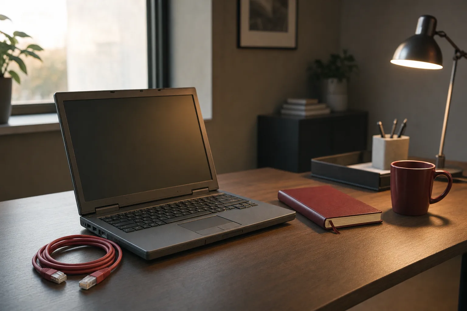 An older laptop on a desk in a quiet back office