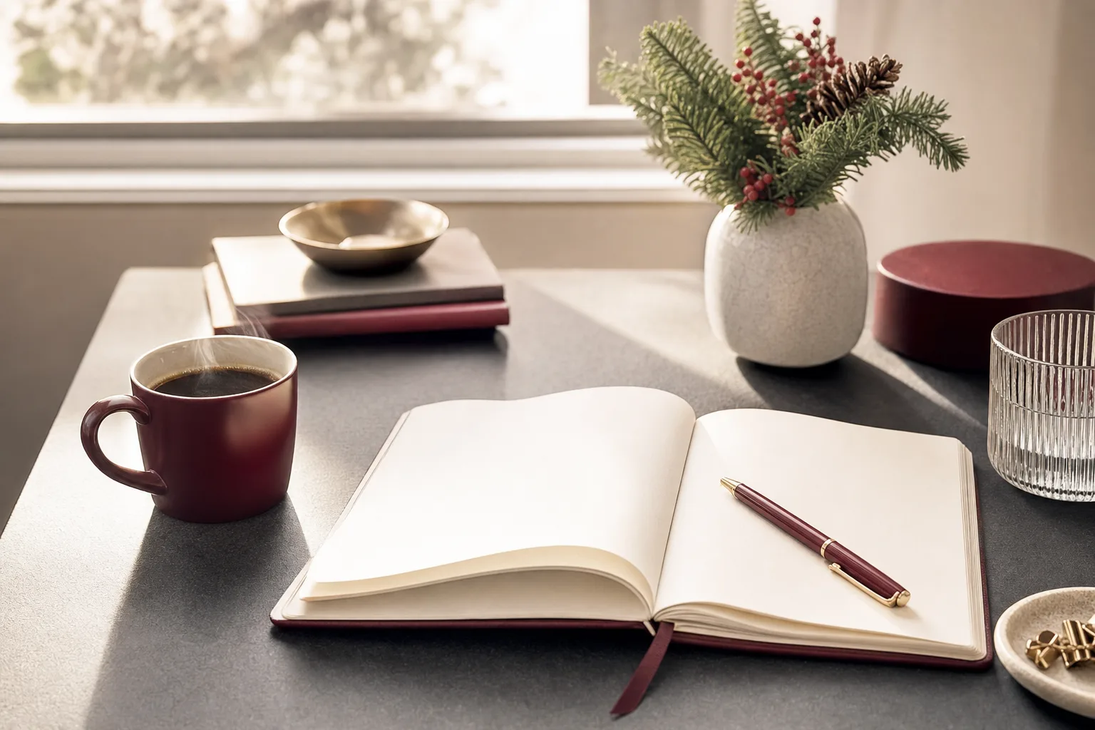 A fresh notebook and coffee on a desk on a new-year morning