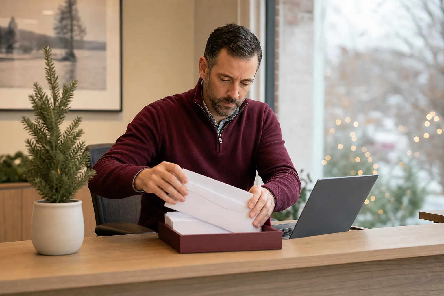 An office manager sorting sealed envelopes into a tray in December
