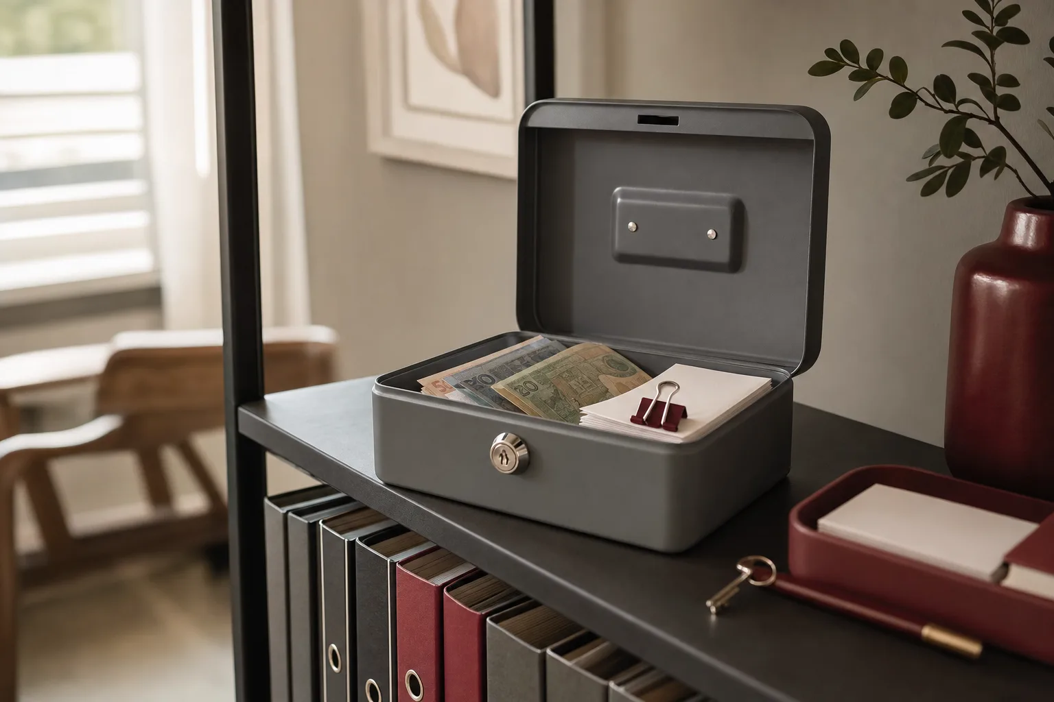 A small metal cash box with neat receipts and a pencil on an office shelf