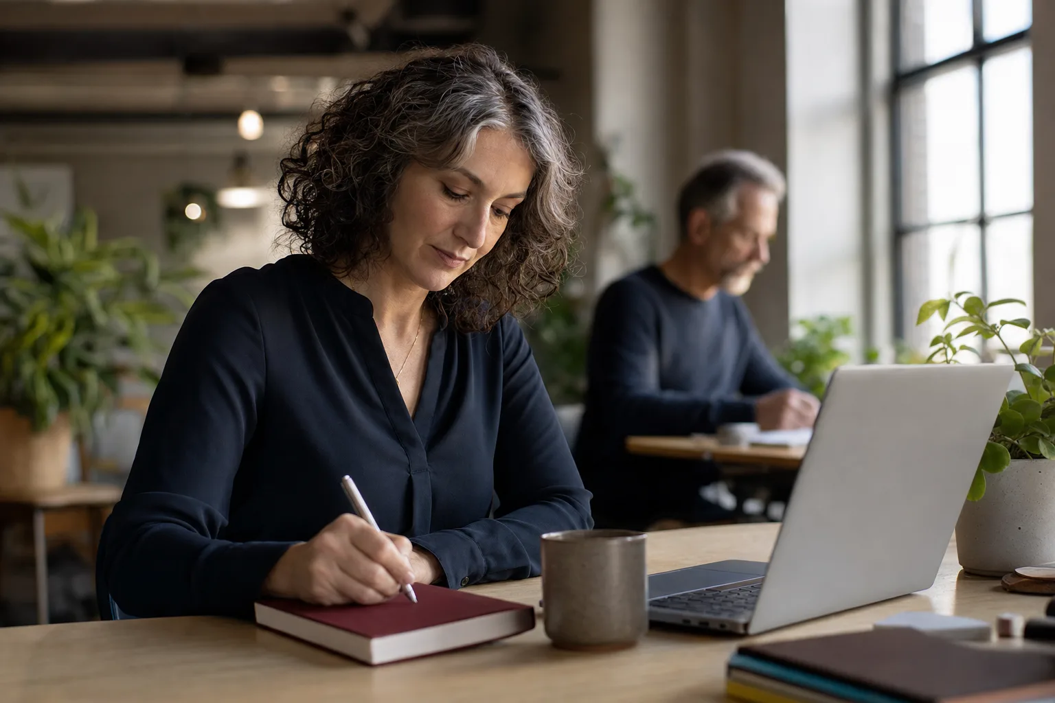 A consultant writing hours into a maroon notebook beside a laptop
