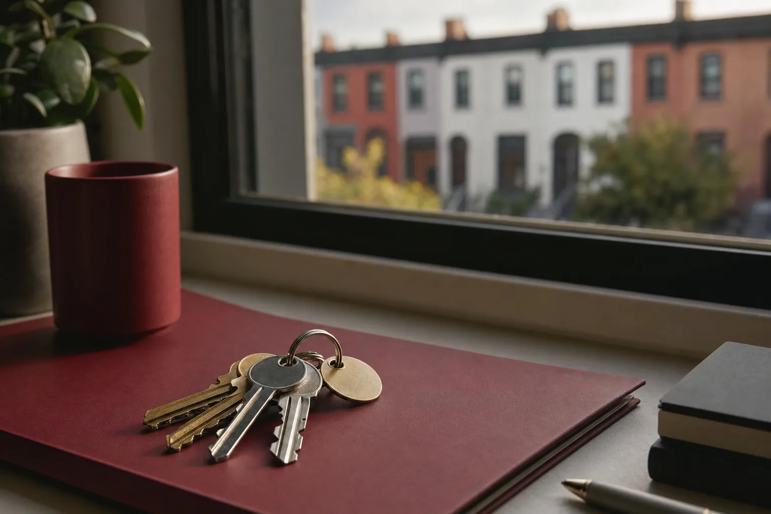 A ring of apartment keys on a maroon folder by a window
