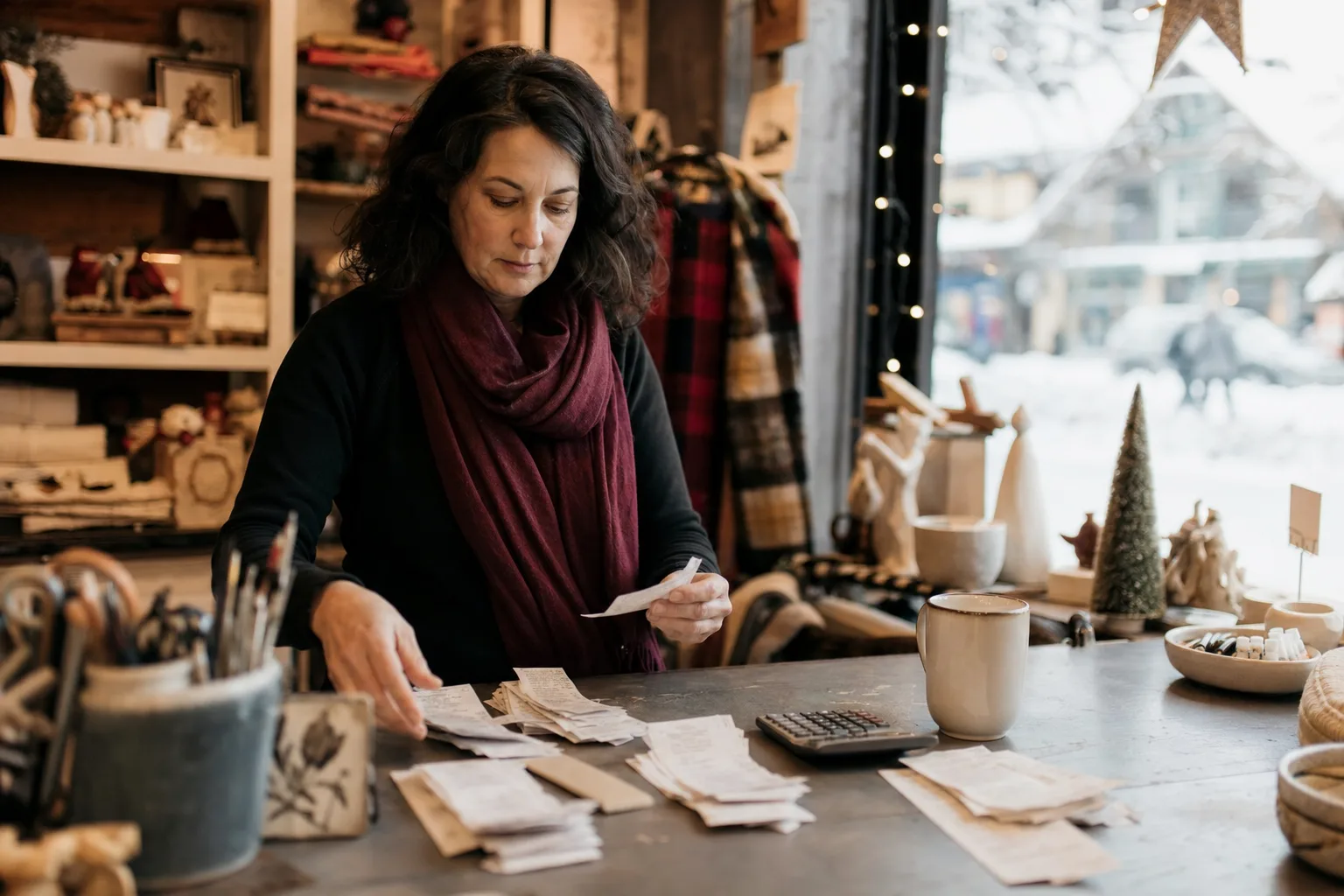 A shop owner sorting receipts into piles at a counter on a snowy day