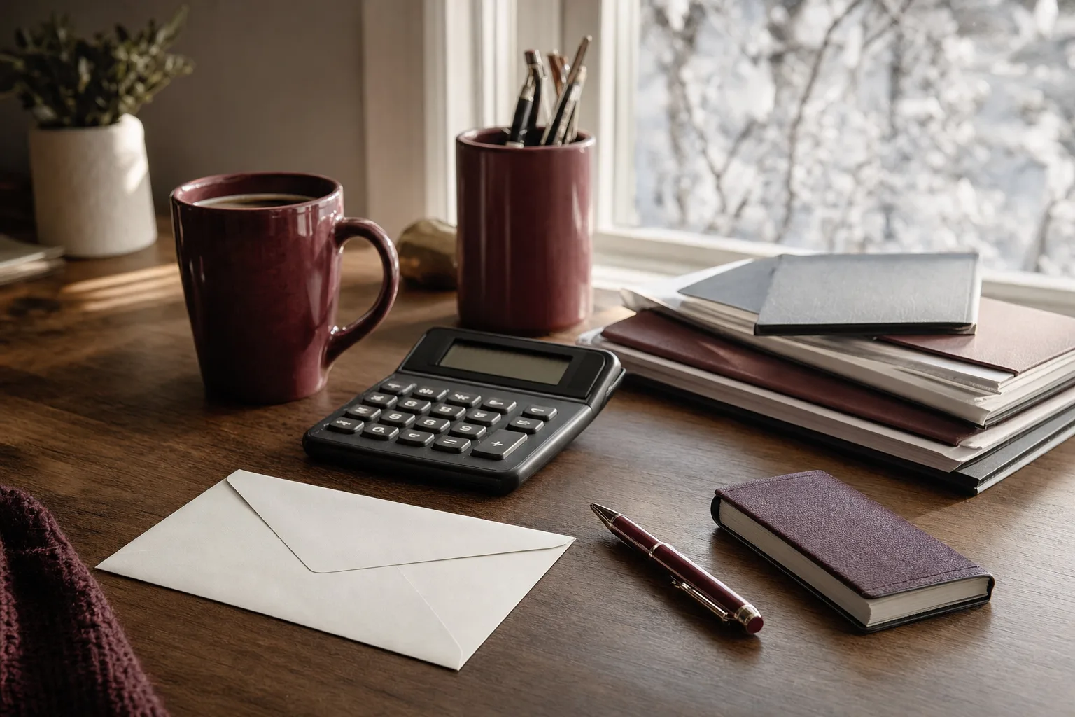 An envelope, a calculator and a closed cheque book on a desk in January