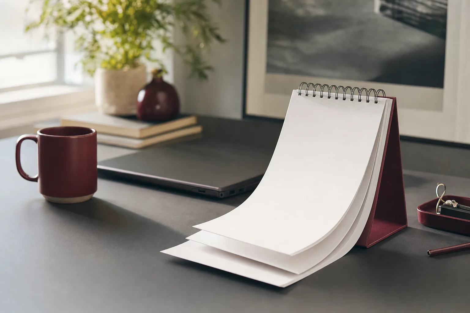 A desk calendar with its pages left blank beside a laptop and a maroon mug