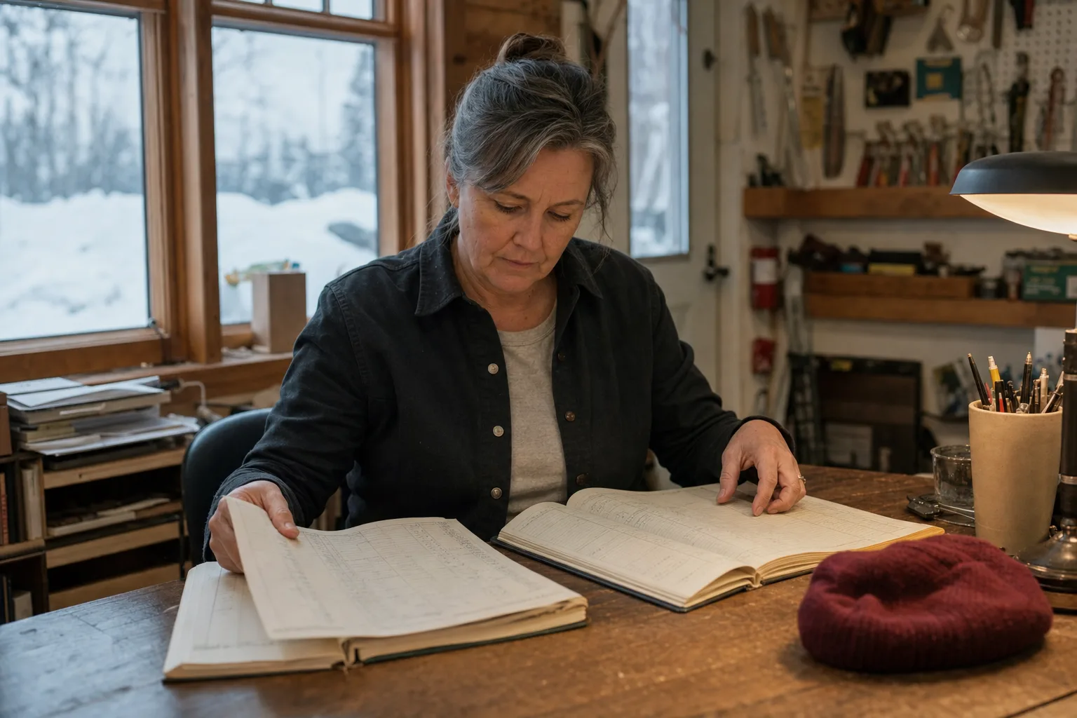 A small Canadian shop office in winter with a ledger and a maroon toque