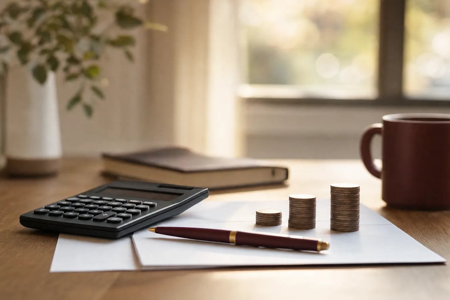 A renewal invoice under a calculator with a maroon pen