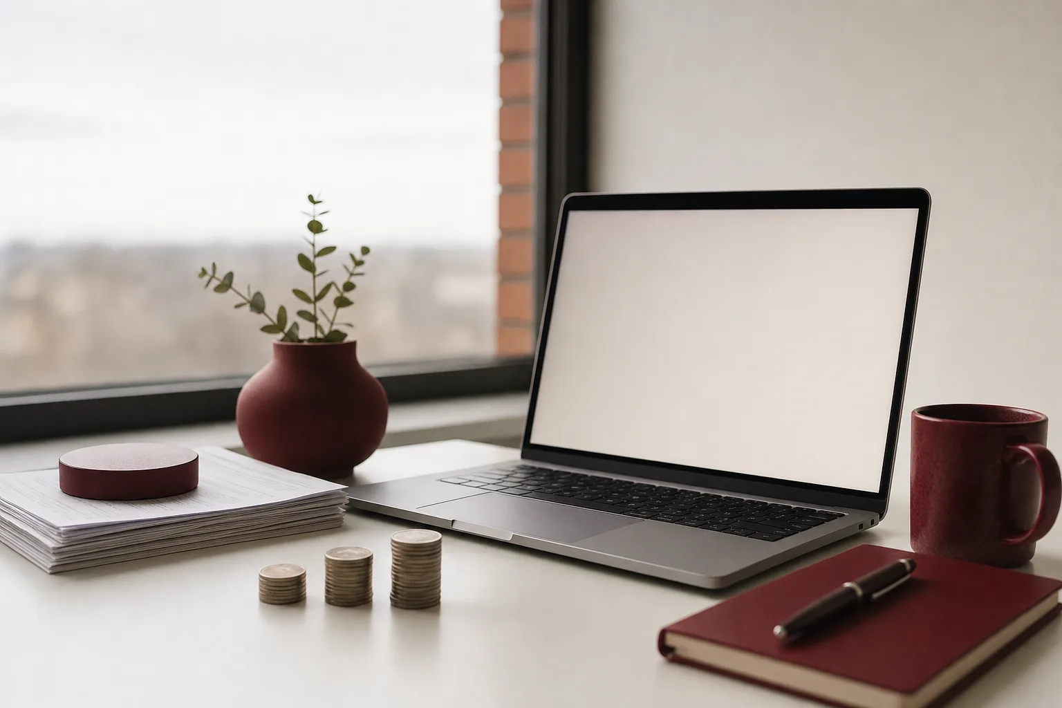 A laptop beside a small stack of monthly bills and rising stacks of coins