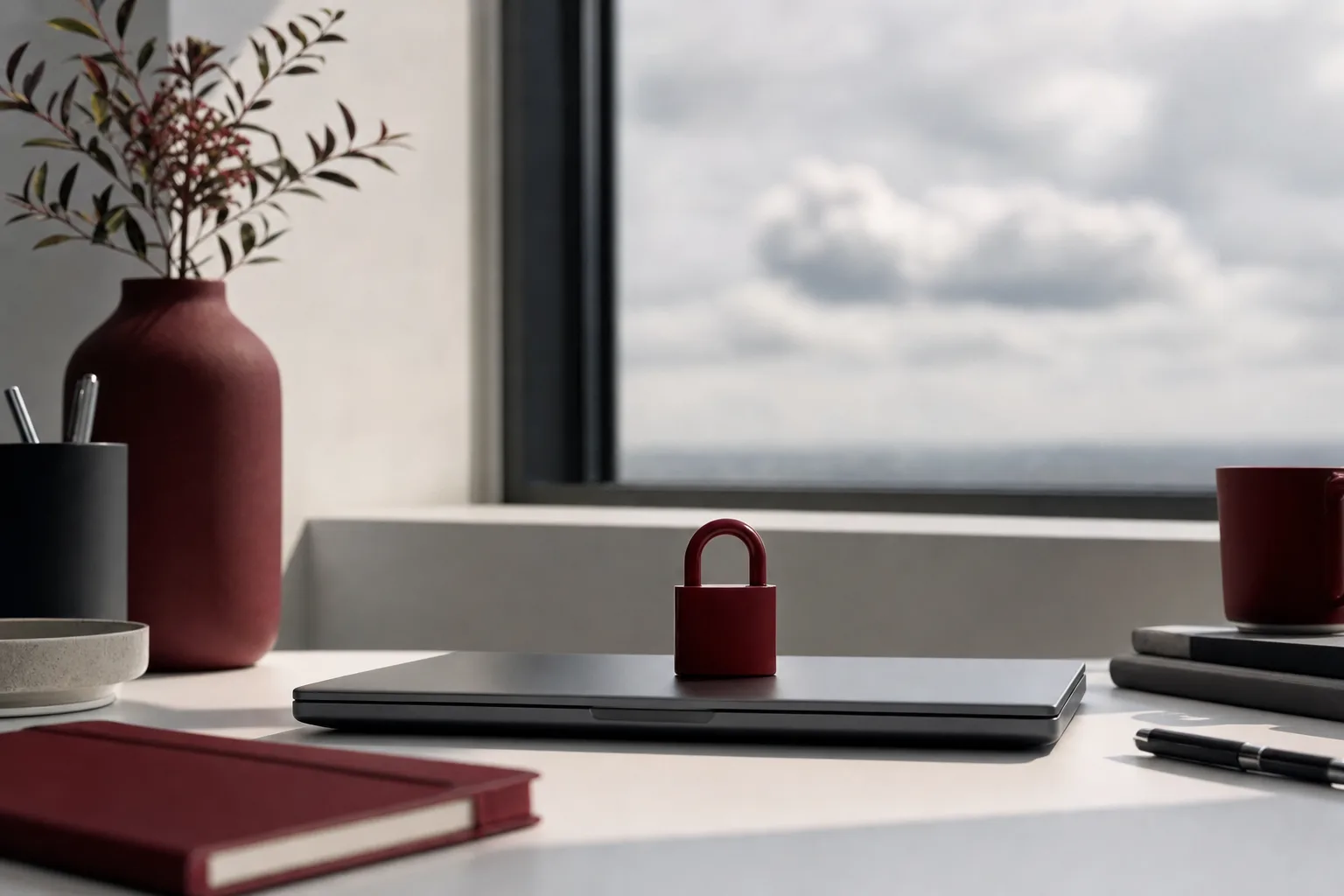 A maroon padlock resting on a closed laptop beside a window