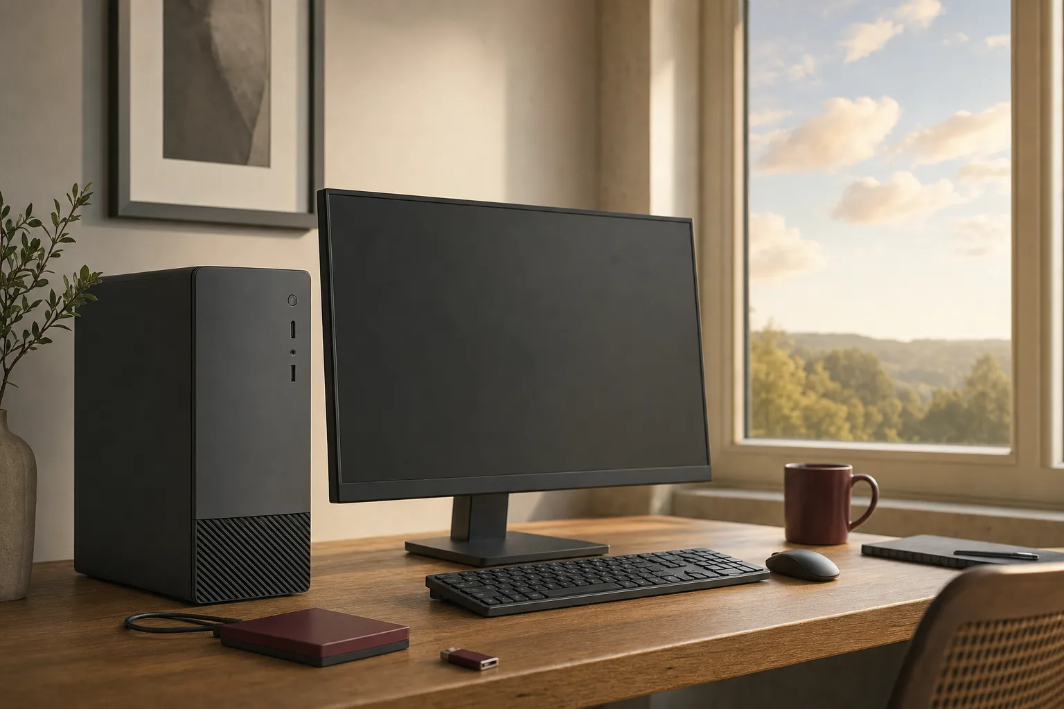 A desktop computer on an oak desk with a USB drive and an external hard drive