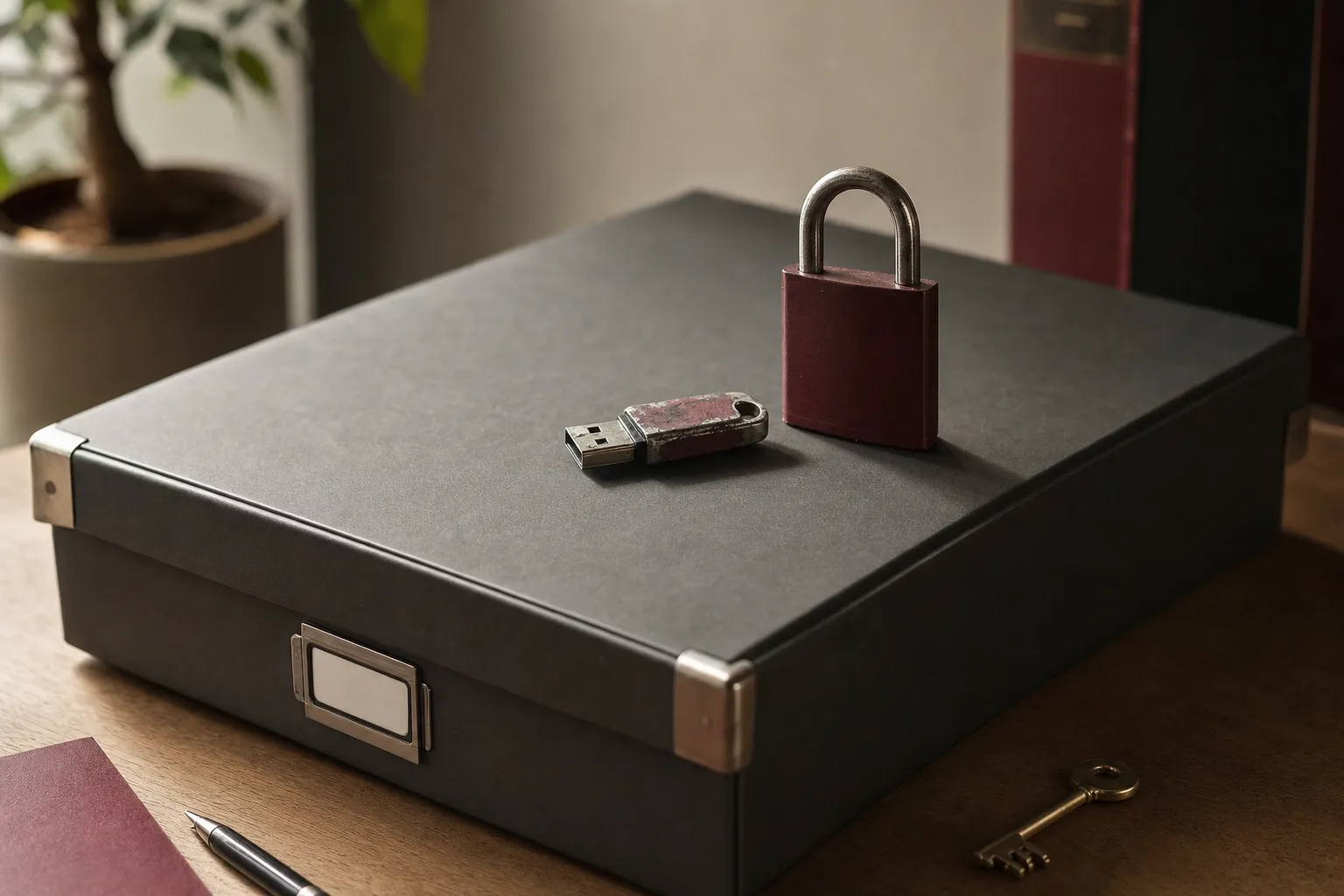 A USB drive and a padlock on an archive box