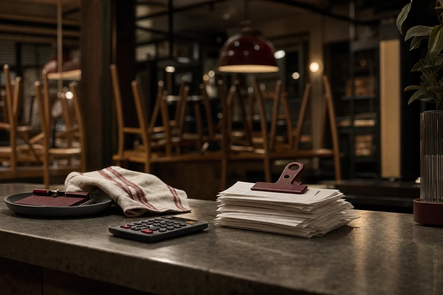 Till receipts held with a maroon clip on a restaurant bar after closing