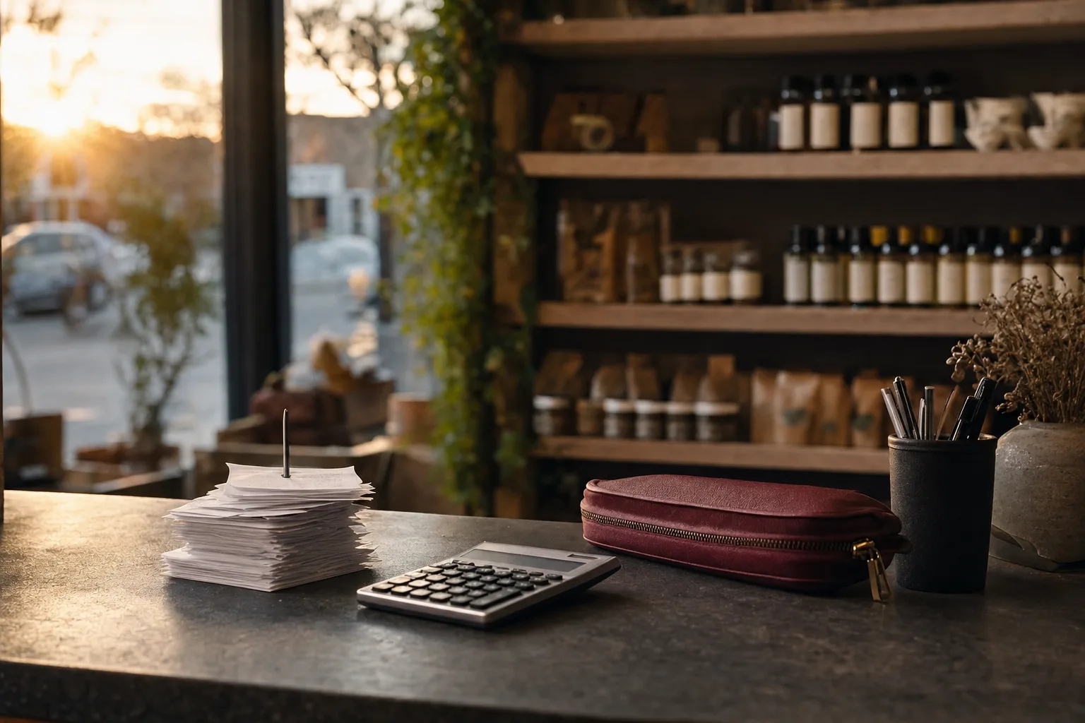 A small shop counter after closing with a stack of receipts and a stocked shelf behind