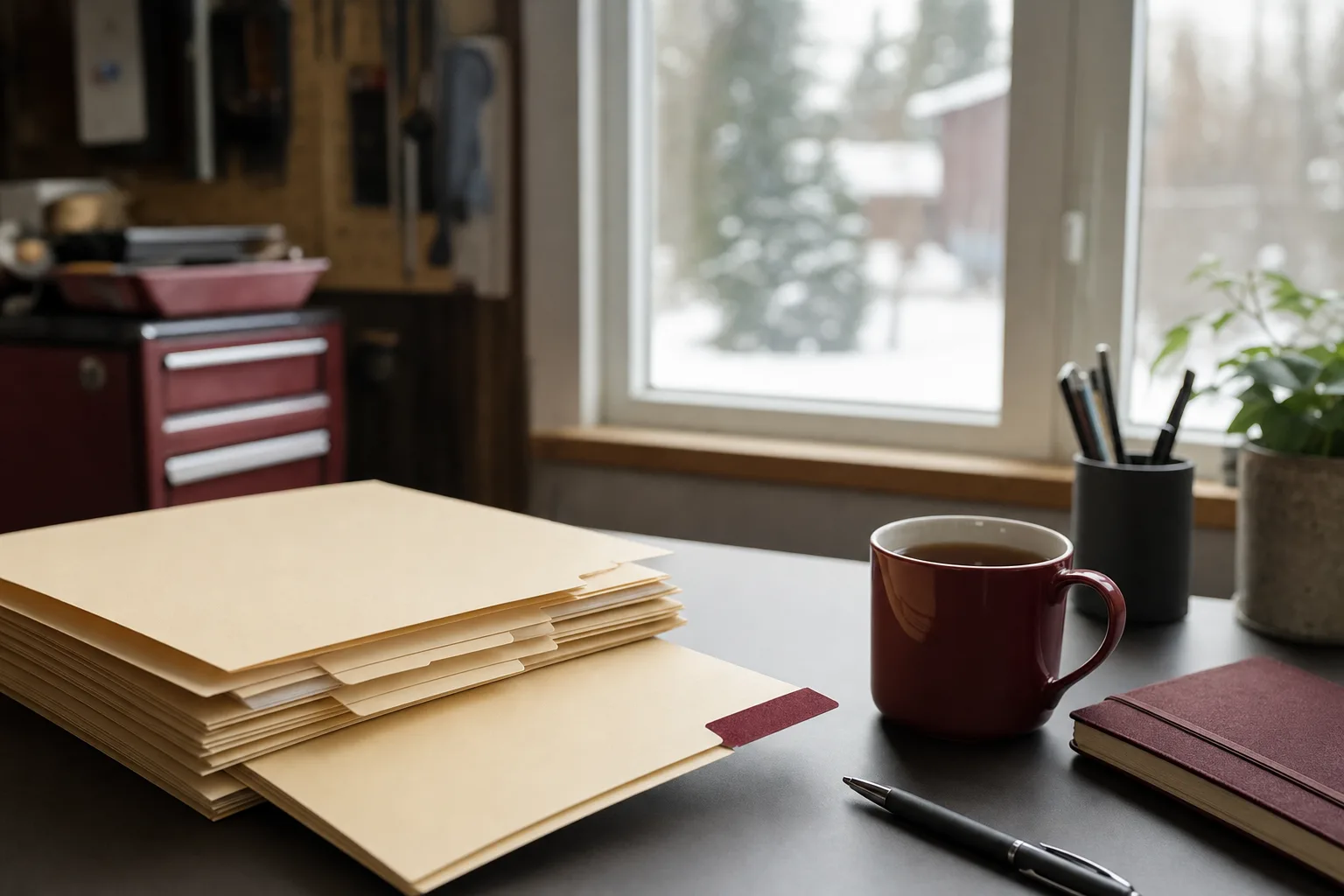 Employee files on an office desk, one pulled out with a maroon tab, a snowy window behind