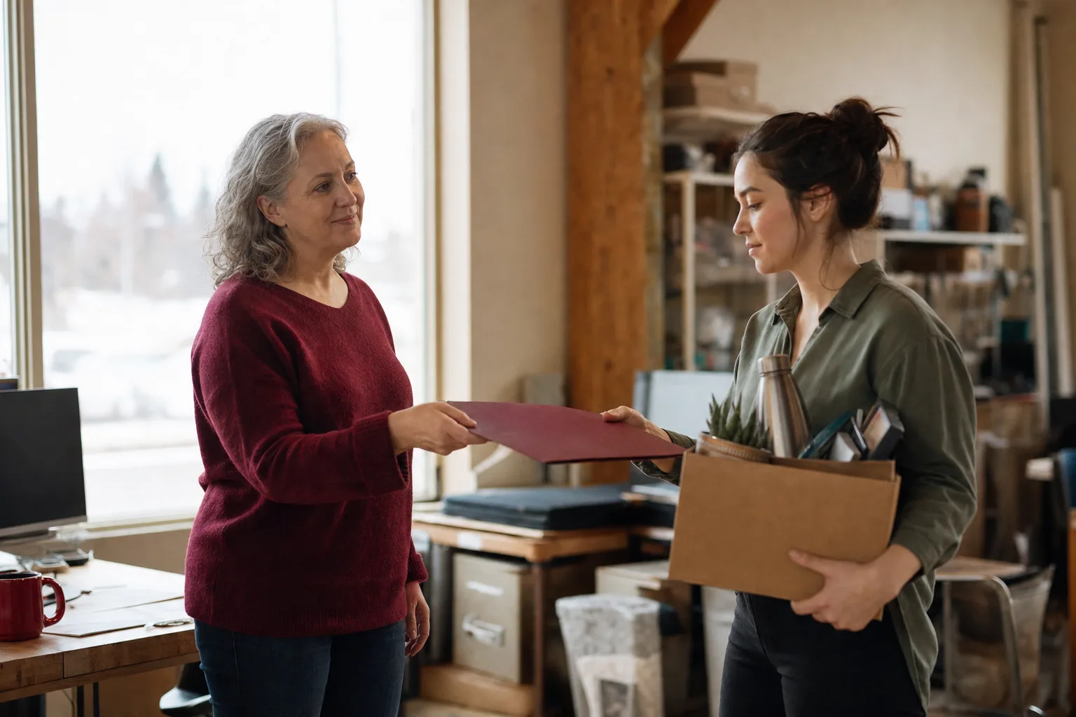 A manager handing a folder to a departing employee holding a box of desk items